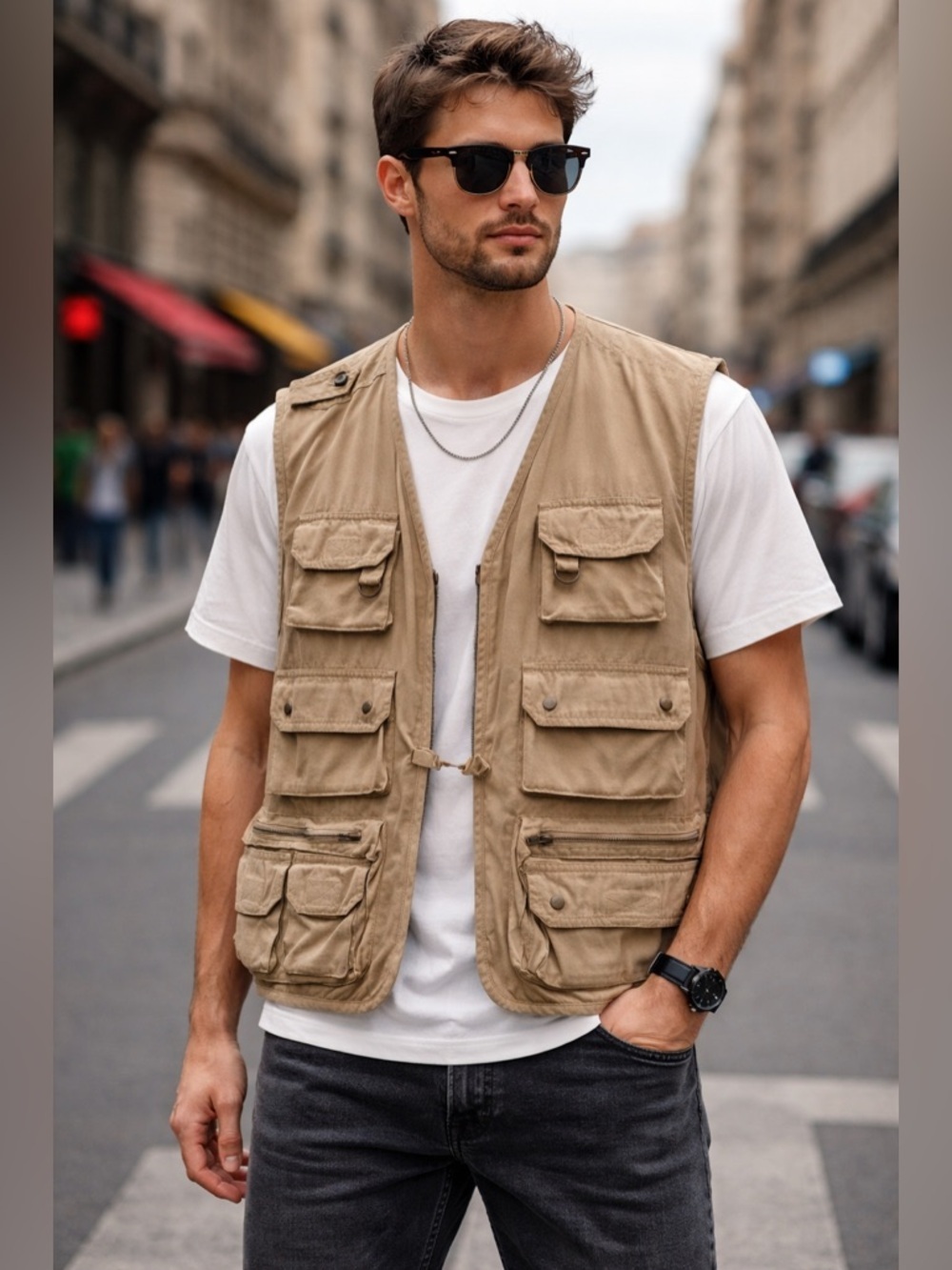 Vintage Gap Safari Vest Mens Large Khaki Fishing Photography Zip Utility Cotton